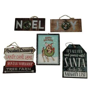 Holiday Time 5 Pack Assorted Rustic Retro Wooden and Metal Christmas Ornaments